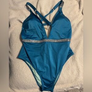 Logo shine strap plunge one piece swimsuit